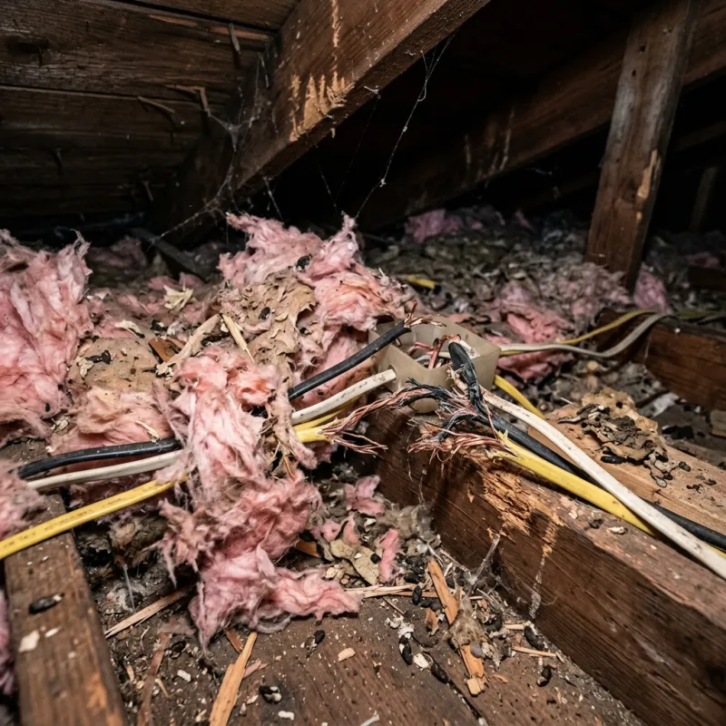 Contaminated ceiling insulation being assessed in a Quandong roof space