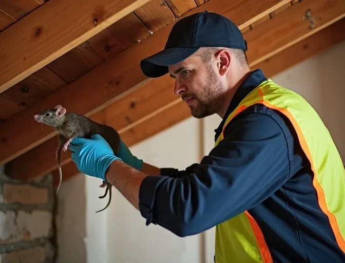 Technician inspecting a roof cavity for a dead rat in Quandong